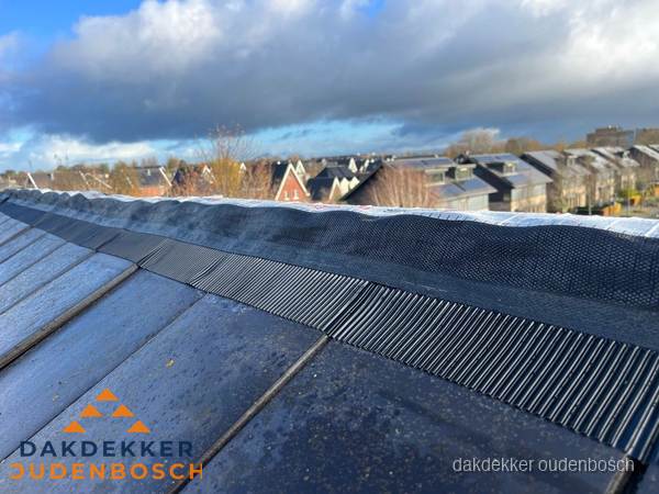 Dakisolatie bij de nok met ventilatieprofiel op schuin dak in Oudenbosch Dakisolatie bij de nok met ventilatieprofiel op schuin dak in Oudenbosch